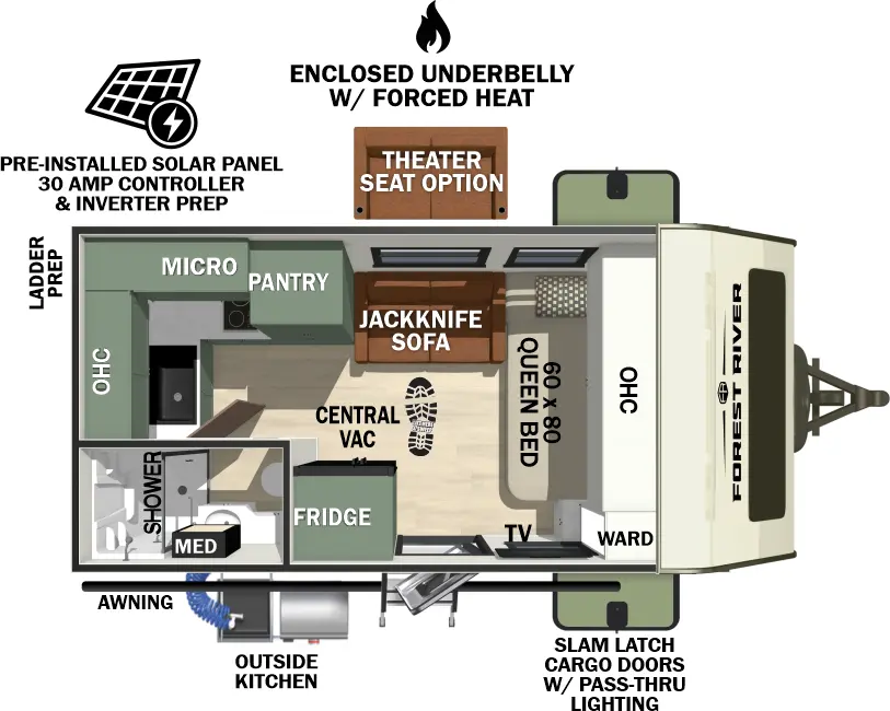 The No Boundaries NB18.0 floorplan has one entry and zero slide outs. Exterior features include: fiberglass exterior, 12' awning and outside kitchen. Interiors features include: front bedroom.